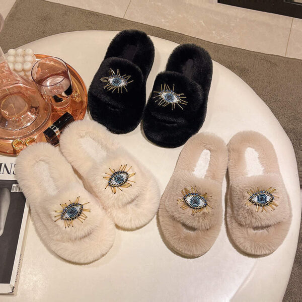 Beaded Evil Eye Furry Open Slippers