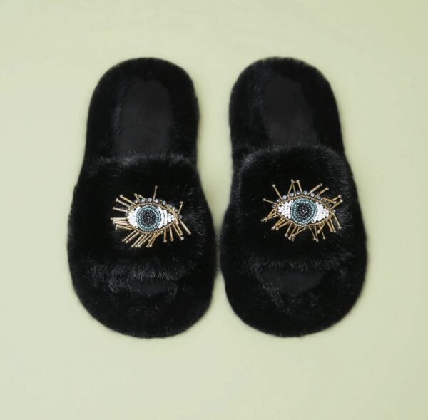 Beaded Evil Eye Furry Open Slippers - Image 5