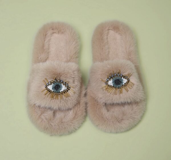 Beaded Evil Eye Furry Open Slippers - Image 6