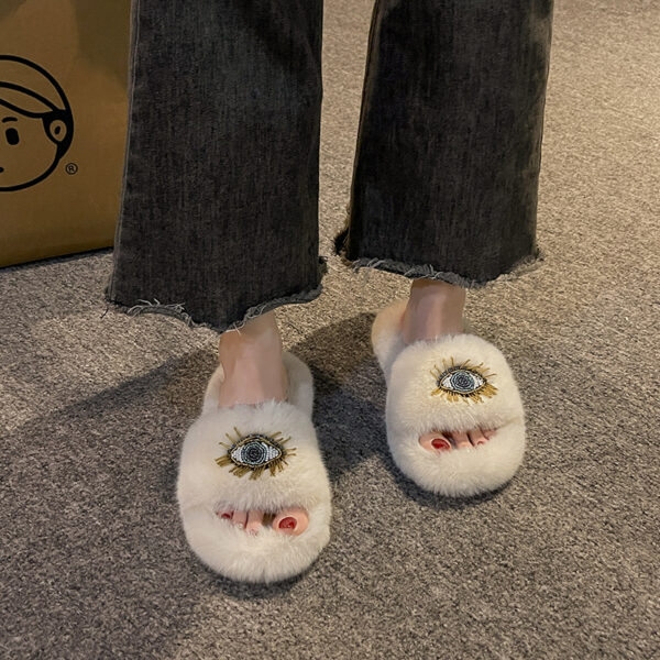 Beaded Evil Eye Furry Open Slippers - Image 4