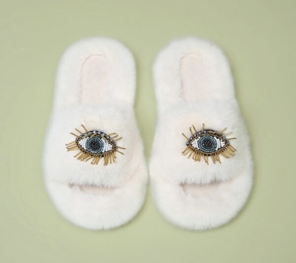 Beaded Evil Eye Furry Open Slippers - Image 7