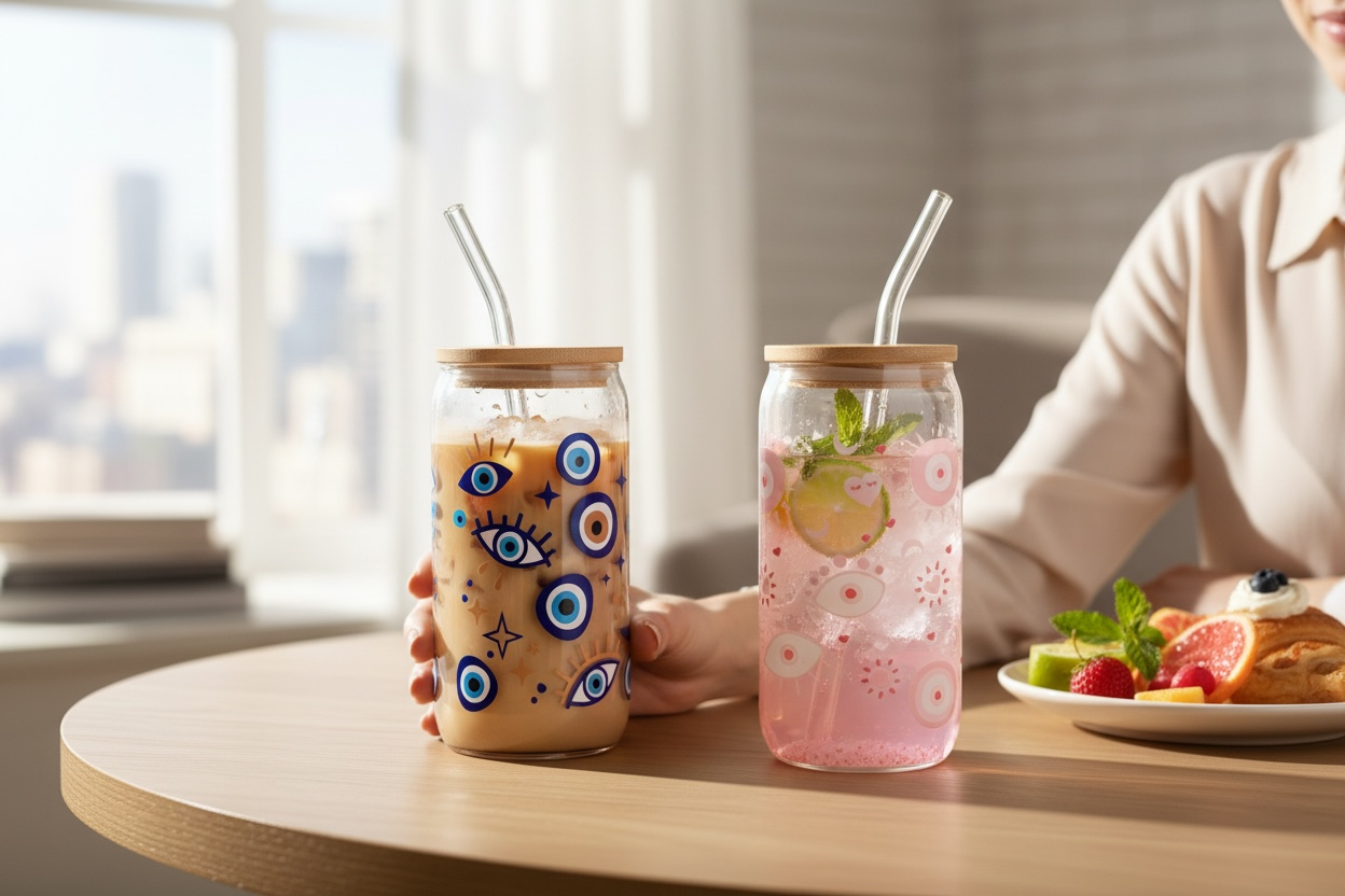 Evil Eye Glass Coffee Tumbler 16.9 oz