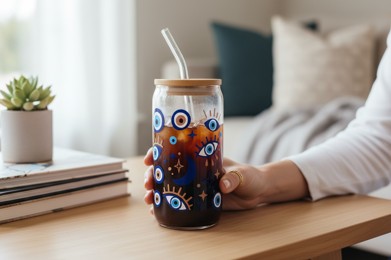 Evil Eye Glass Coffee Tumbler 16.9 oz - Image 7