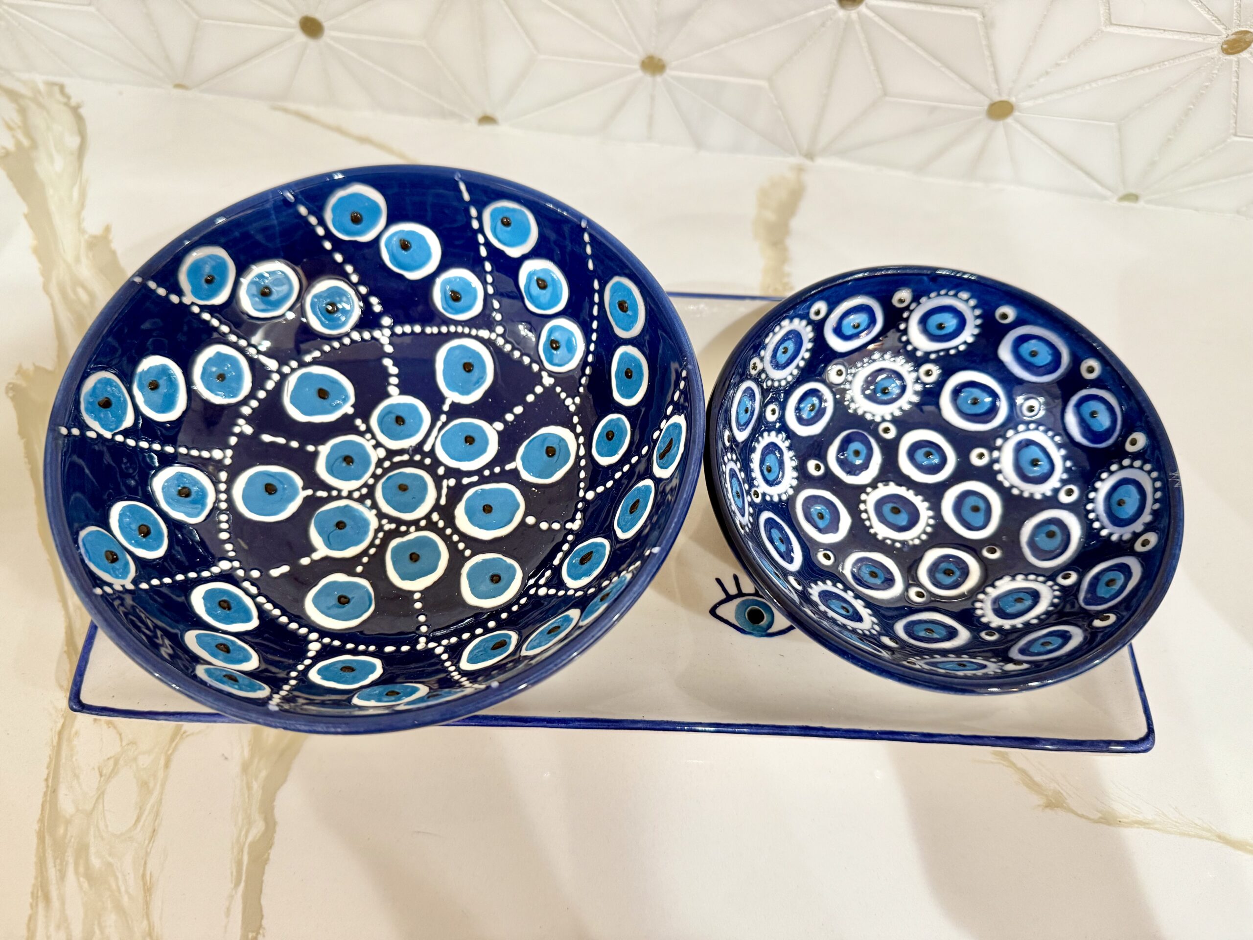 Evil Eye Ceramic Bowl Set of 2 - White and Navy - Image 10