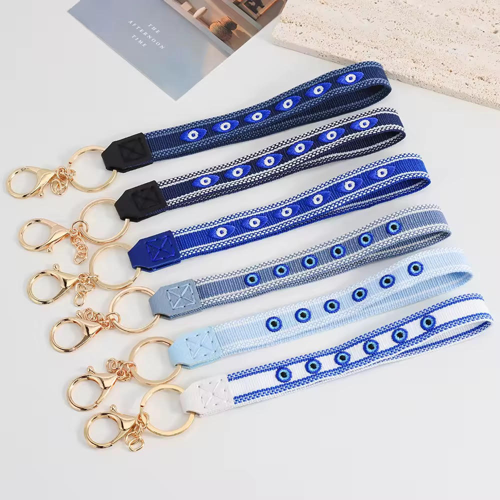 Evil Eye Blue Woven Wristlet Keychains with Luxe Gold Hardware