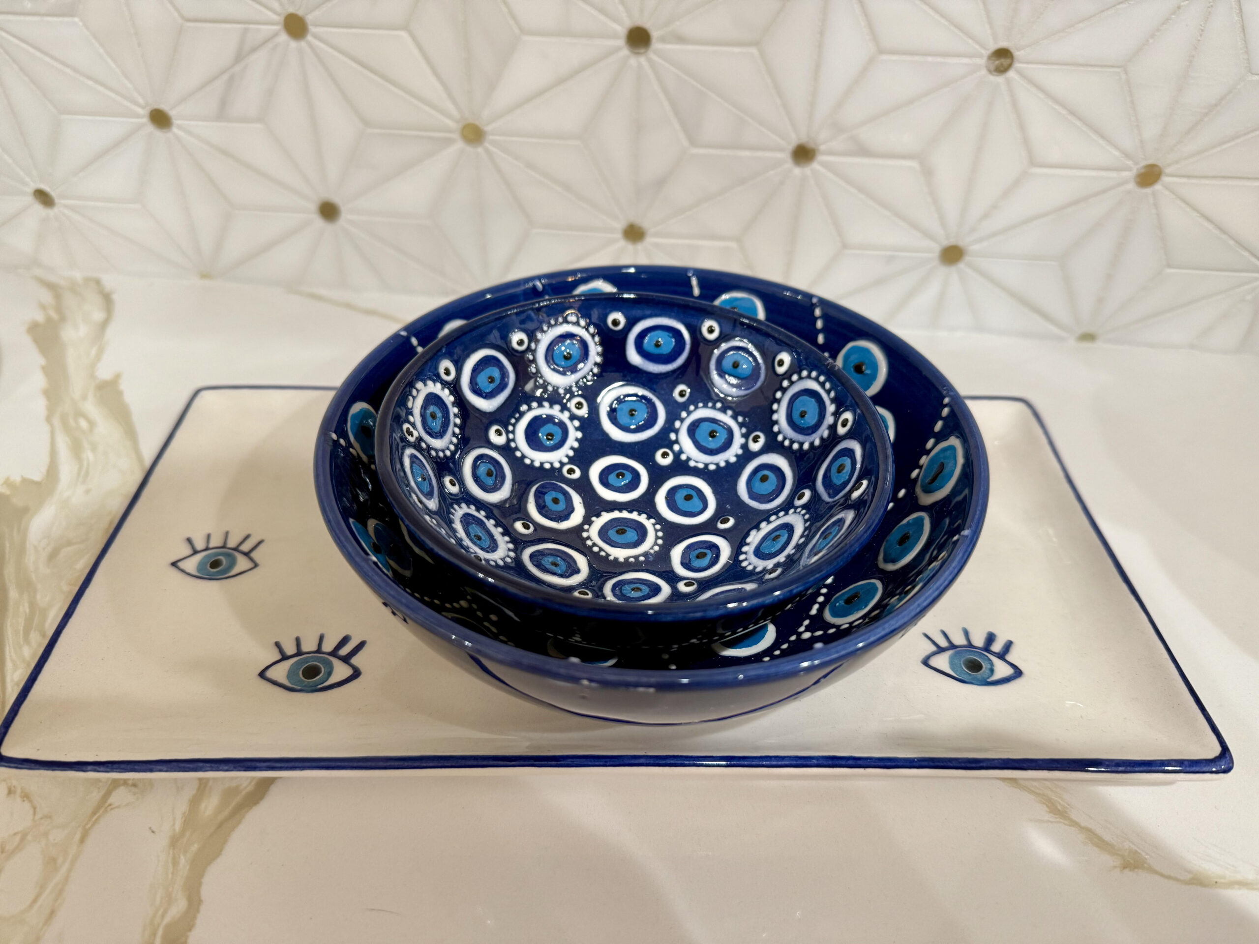 Evil Eye Ceramic Bowl Set of 2 - White and Navy - Image 9