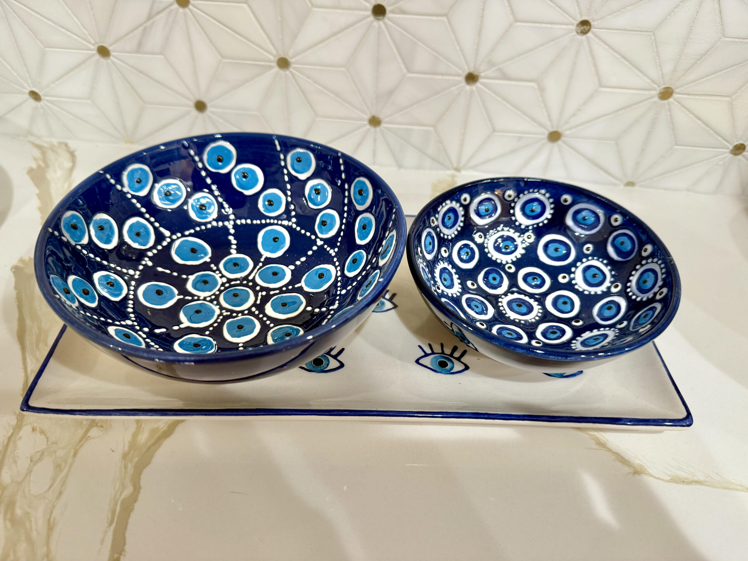 Evil Eye Ceramic Bowl Set of 2 - White and Navy - Image 8